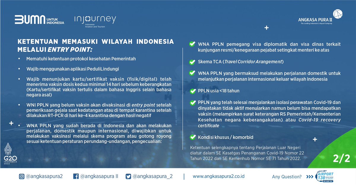 INJairports's tweet photo. #AP2UPDATE
Syarat Perjalanan Orang Luar Negeri dengan Transportasi Udara terbaru sesuai SE Kasatgas No. 22/2022 dan SE Kemenhub No. 71/2022.
Berlaku mulai 17 Juli 2022 s.d informasi lebih lanjut.
Selengkapnya: https://t.co/UhU9oR9Aa6
#AngkasaPuraII
#InJourney
#BUMNuntukIndonesia https://t.co/6JROfNpgzk