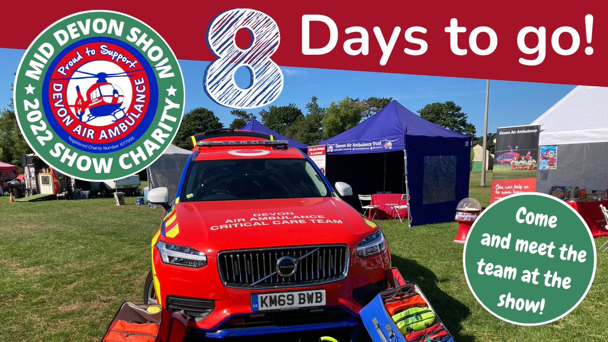 DevonAirAmb's tweet photo. Just 8 days to go to the @middevonshow on 23rd July  and we're super proud to be the Show Charity of the Year!!  Come and see us at the show, meet the team and see our rapid response Critical Care Car up close! #DevonDayOut #CountryLife https://t.co/4fR7UKyCtl