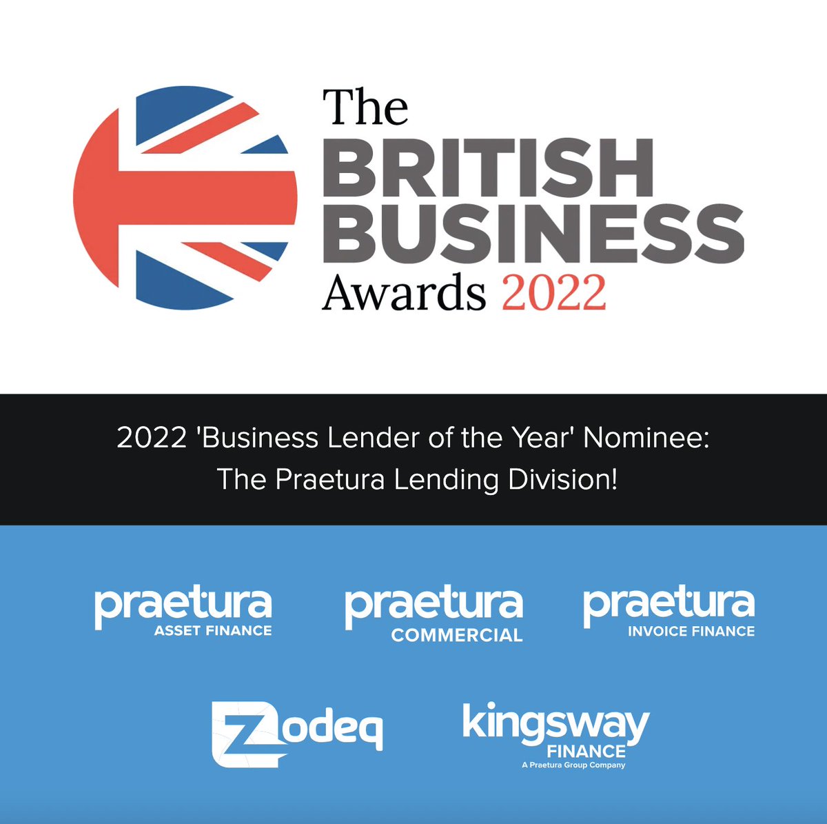 🎉 Pleased and proud to share that the Praetura Lending Division has been nominated for Business Lender of the Year at the 2022 British Business Awards !

britishsmallbusinessawards.co.uk/2022-shortlist/

#BBA #Smallbusinessawards #Britishbusinessawards