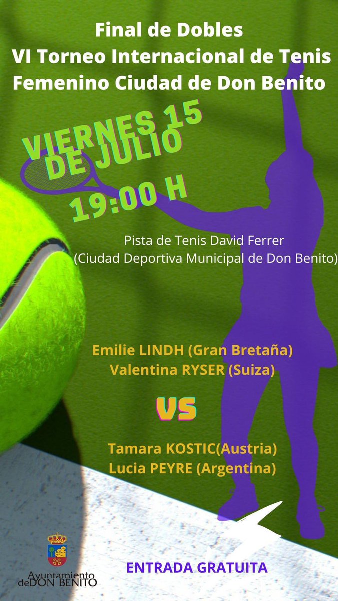 Ayto. Don Benito (@ayto_donbenito) on Twitter photo .<a href="/Ayto_DonBenito/">Ayto. Don Benito</a> 🥎🎾 Disfruta de la final de dobles del VI Torneo Internacional de Tenis Femenino <a href="/WTADonBenito/">DonBenitoWTA</a> HOY, 15 de julio a partir de las 19:00 h en la Ciudad Deportiva #DonBenito <a href="/FedExtTenis/">FExT</a> <a href="/FJyD/">Fundación Jóvenes y Deporte 🅵🅹🆈🅳 💚🤍🖤</a>
👇Más información .<a href="/Ayto_DonBenito/">Ayto. Don Benito</a> 🥎🎾 Disfruta de la final de dobles del VI Torneo Internacional de Tenis Femenino <a href="/WTADonBenito/">DonBenitoWTA</a> HOY, 15 de julio a partir de las 19:00 h en la Ciudad Deportiva #DonBenito <a href="/FedExtTenis/">FExT</a> <a href="/FJyD/">Fundación Jóvenes y Deporte 🅵🅹🆈🅳 💚🤍🖤</a>
👇Más información