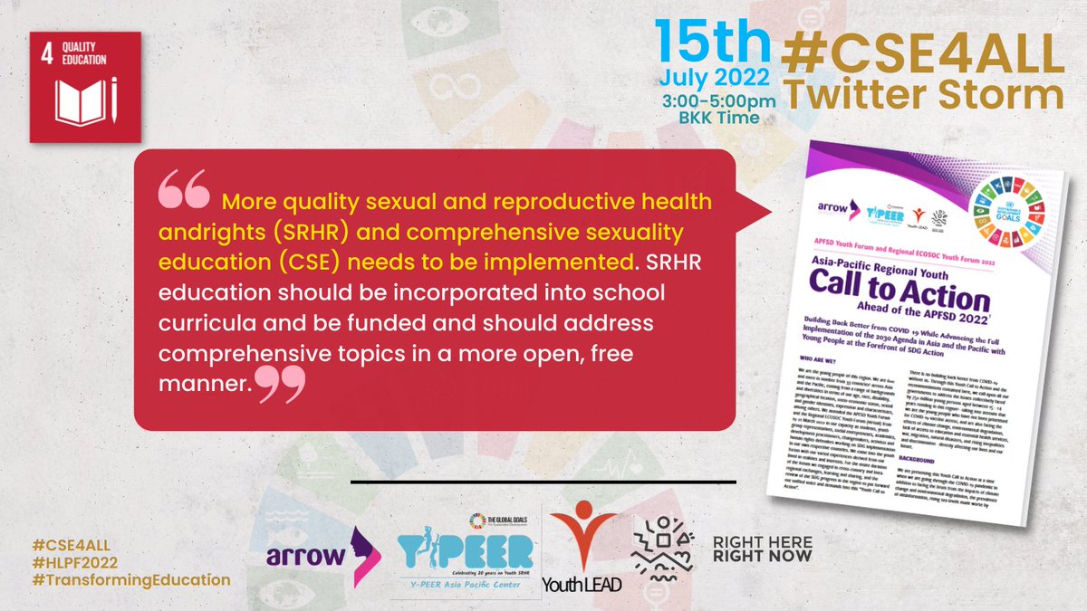 ARROW_Women's tweet photo. #ICYMI, Asia-Pacific youths call upon the member states to ensure that mainstreaming of CSE for in-school &amp; out-of-school students is prioritised as part of achieving #SDG4.

Read the #APFSDYouth2022 CTA!🔗: https://t.co/Wi3SwbpRiu 

#HLPF2022 #CSE4ALL #TransformingEducation https://t.co/aFbstJoRXq