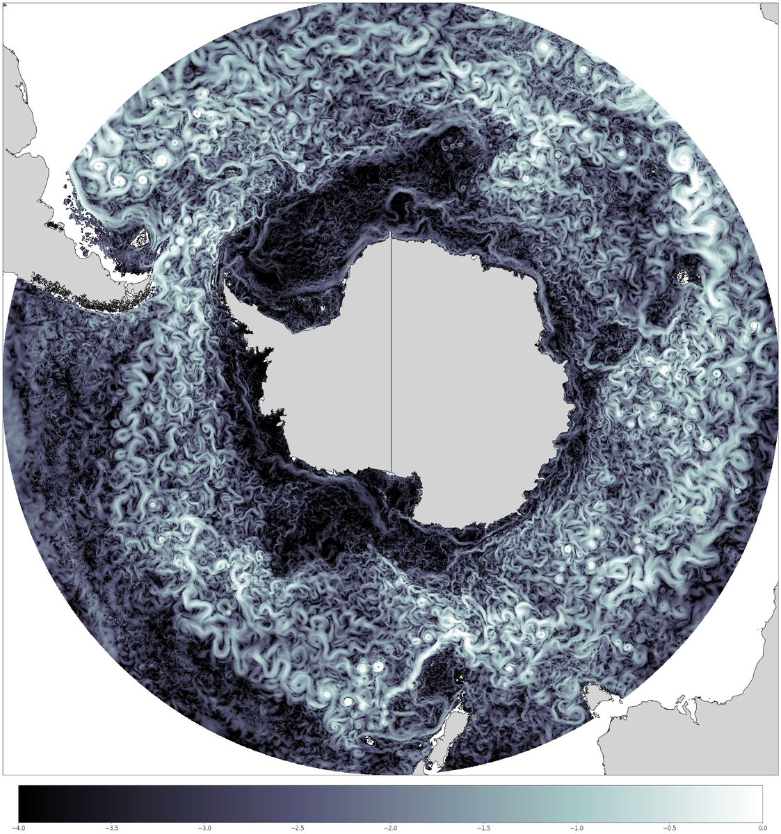 Playing with 3km resolution Southern Ocean #FESOM setup. Ocean currents around Antarctica after 2 years of simulations.