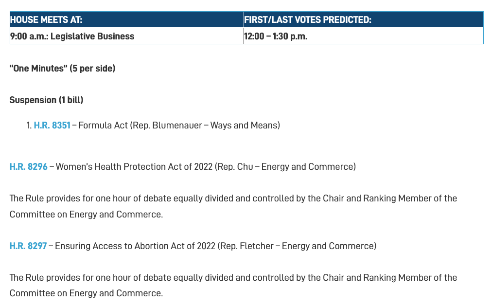 USHouseNews's tweet photo. On the @HouseFloor today, Friday, 7/15/2022:

• Suspension (1 bill) #HR8351 – Formula Act
• #HR8296 – Women’s Health Protection Act of 2022
• #HR8297 – Ensuring Access to Abortion Act of 2022 https://t.co/9rr70oRqoE