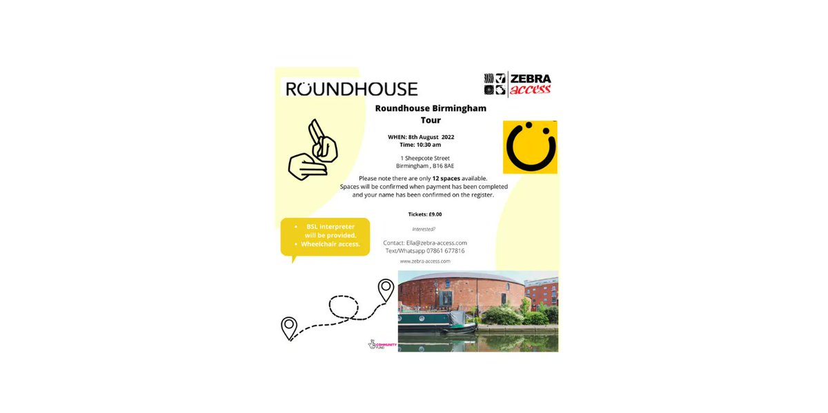 Join us on our day trip to @BhamRoundhouse. Contact Ella@zebra-access.com ASAP to book as places are limited. #SeeTheCityDifferently #Birmingham #DeafSupport #BSL #WheelchairAccessible @TNLComFund
