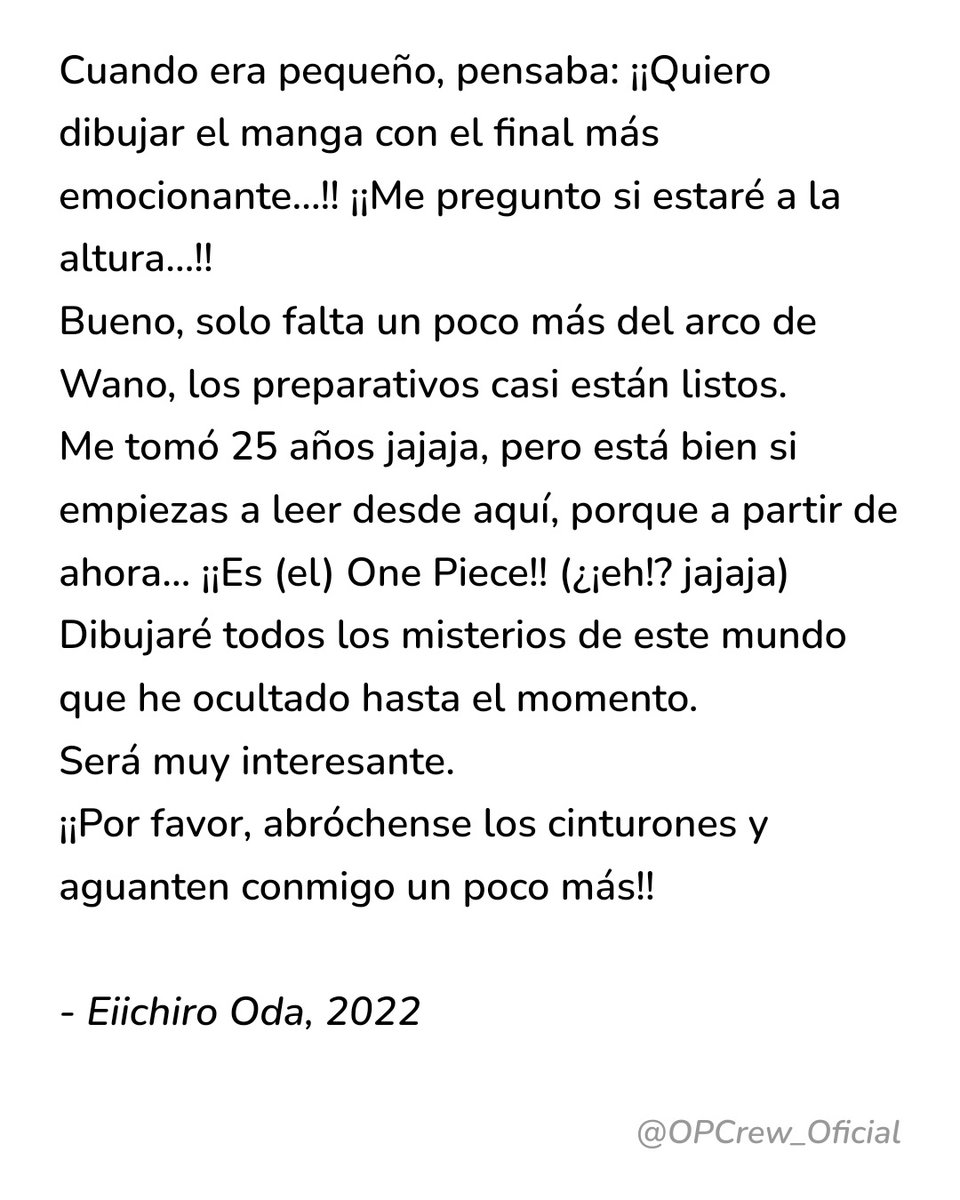 thecouchcr's tweet photo. #ONEPIECE Eiichiro Oda publicó un mensaje sobre el final de One Piece. #JUMP 

En el reciente número 34 de la Weekly Shonen Jump, Eiichiro Oda publicó una nueva carta para sus fans donde explica cual es el siguiente paso para el manga una vez que regrese la próxima semana. https://t.co/gSLDGepufj