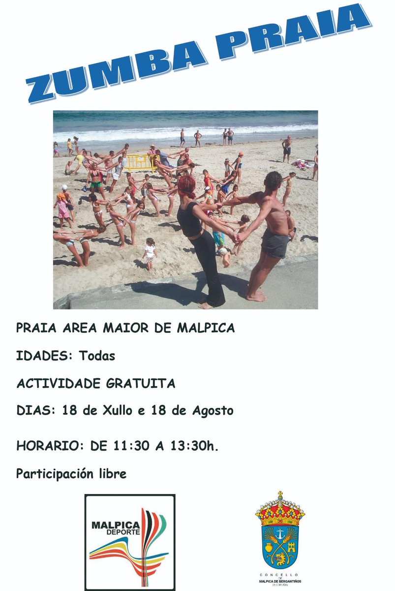 Este verán en #Malpica imos gozar de moitas actividades ❗❗❗

😍Toma boa nota! Os días 18 de xullo e 18 de agosto poderedes gozar da actividade de #zumba💃🕺 na praia de Area Maior!

⏰ De  11:30 a 13:30 horas

💃🕺Que non cho conten, esperámoste!