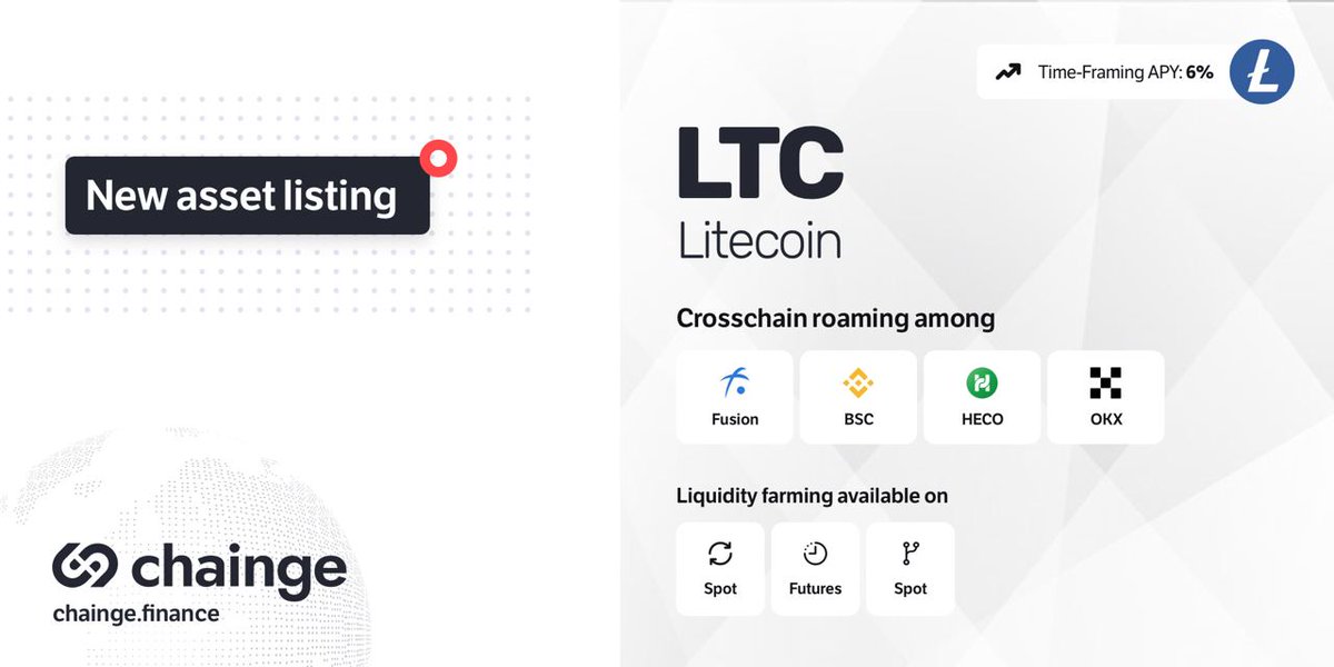 🚀 NEW ASSET LISTING!

💥 Proud to announce we now support 
$LTC in the Chainge app

🔥 The #LTC coin can be instantly cross-chain roamed across: #Fusion #BSC #HECO #Polygon #OKExChain & swapped in the Chainge aggregated DEX

#crosschain #DeFi #Litecoin #LitecoinFam