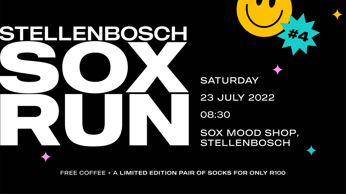 Next week Saturday is the Sox Run at Mood Coffee in Stellenbosch. Have you entered yet?

You can purchase a pair of socks and free coffee for only R100 and collect on the day, or you can just pop in and run along with the crew. 

#SoxFootwear #StepOut #ClubRun #Running