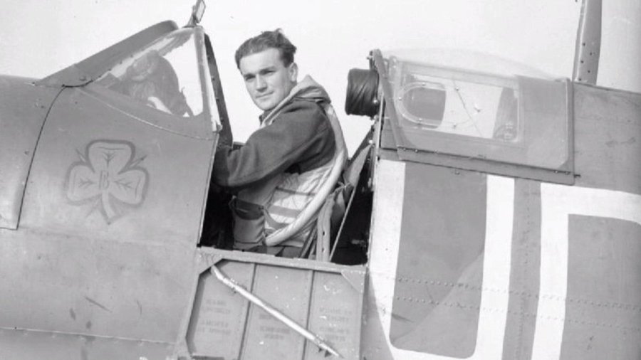 RAFMUSEUM's tweet photo. #OnThisDay in 1942 : Brendan 'Paddy' #Finucane, the youngest RAF wing commander ever (22yo), leads his unit over occupied France. His #Spitfire is hit by German ground fire. He speaks his final message in his microphone to his friend ‘This is it, chaps’. His body is never found. https://t.co/QpdZKr1g0H