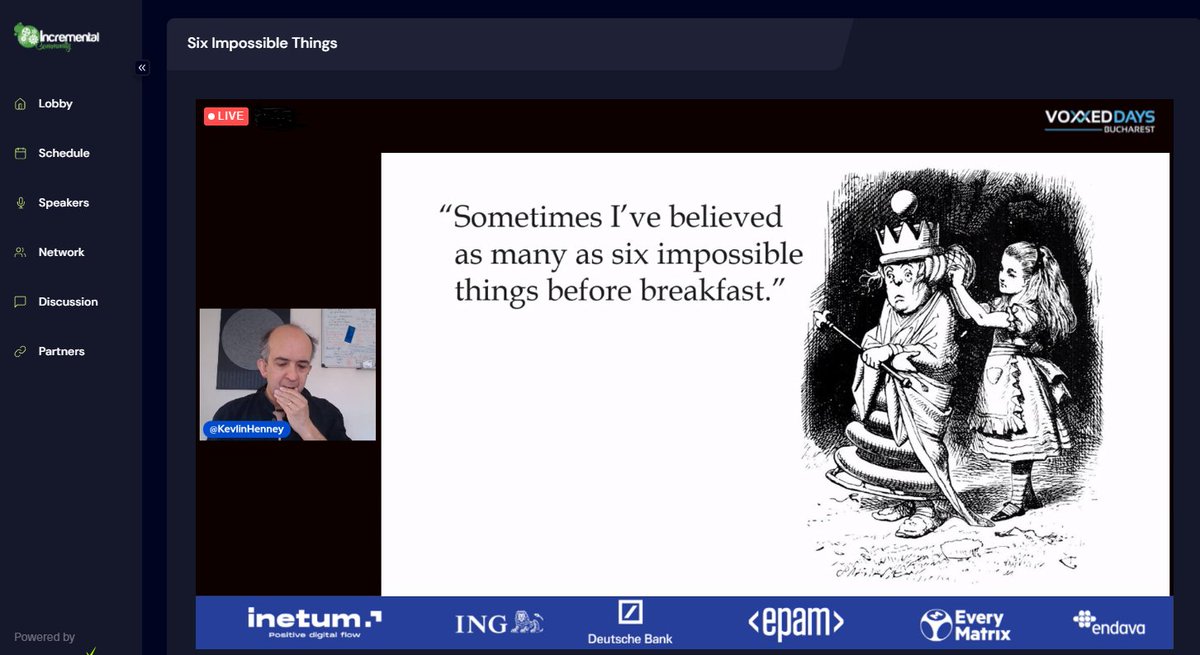 VoxxedBucharest's tweet image. Let's take a look at six specific impossible things that shape the limits of what you can develop! Thank you, dear @KevlinHenney , for your cool keynote at @VoxxedBucharest 2022!#itwasfun youtube.com/watch?v=iqwint…