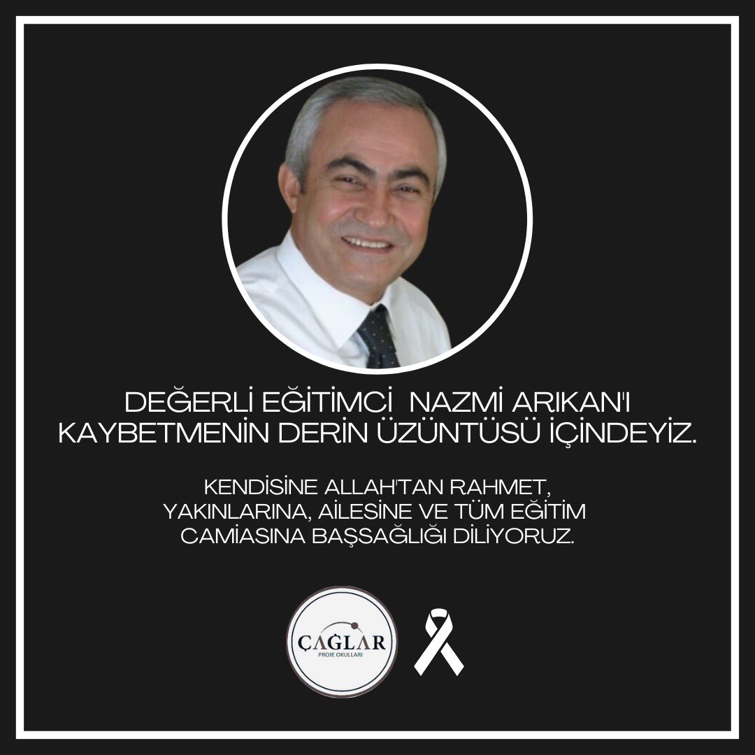 Değerli eğitimci Nazmi Arıkan'ın vefatının derin üzüntüsü içindeyiz.
Kendisine allahtan rahmet, yakınlarına, ailesine ve tüm eğitim camiasına başsağlığı diliyoruz. 
#nazmiarıkan