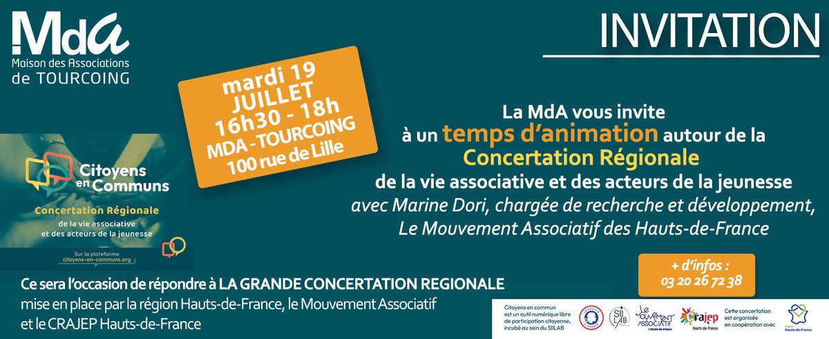 mdatourcoing's tweet photo. 👉 Venez rejoindre l'équipe de la MdA et Marine Dori, chargée de recherche et développement du 
@MouvAssoHDF pour un temps d'animation autour de la concertation régionale Citoyens en Commun, le 19 juillet à la MdA ! https://t.co/XSYWkYlJjH