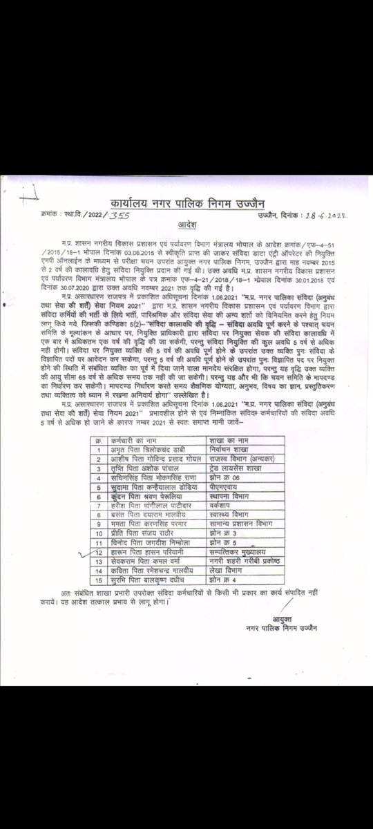 2015 se online exam देकर उज्जैन नगर निगम मे कार्य कर रहे है 7 वर्ष के बाद तत्काल सेवा समाप्त कर दी गयी, 7 माह का वेतन भी नही दिया.
अब कहा जाए... 
15 कर्मचारी और उनके परिवार  आर्थिक व मानसिक स्थिति से प्रताड़ित है
<a href="/mpurbandeptt/">Urban Administration & Development Department, MP</a> <a href="/OfficeOfKNath/">Kamal Nath</a> <a href="/DainikBhaskar/">Dainik Bhaskar</a> <a href="/BhopalSamachar/">Bhopal Samachar</a>