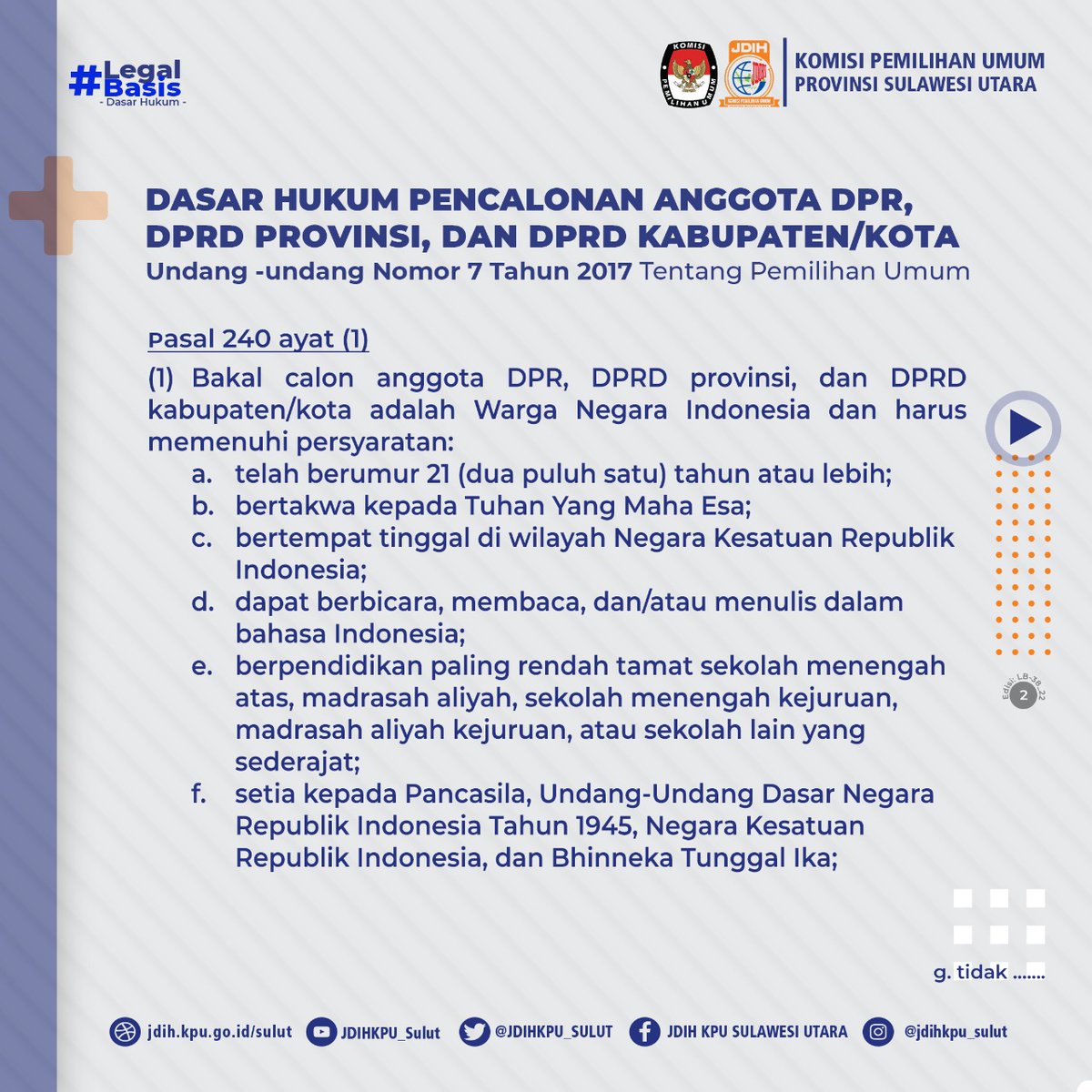 JDIHKPU_SULUT's tweet photo. #SobatJDIH
Selamat Sore Sobat JDIH KPU 🤩🙏🏻
 Yuk cari tau kapan Jadwal Pencalonan Anggota DPR, DPRD Provinsi dan DPRD Kabupaten/Kota ? #legalbasis seri 38 akan mengulas tentang Tahapan dan Jadwal Pencalonan Anggota DPR, DPRD Provinsi dan DPRD . Yuk Simak grafis berikut ini https://t.co/aPuYRx7121