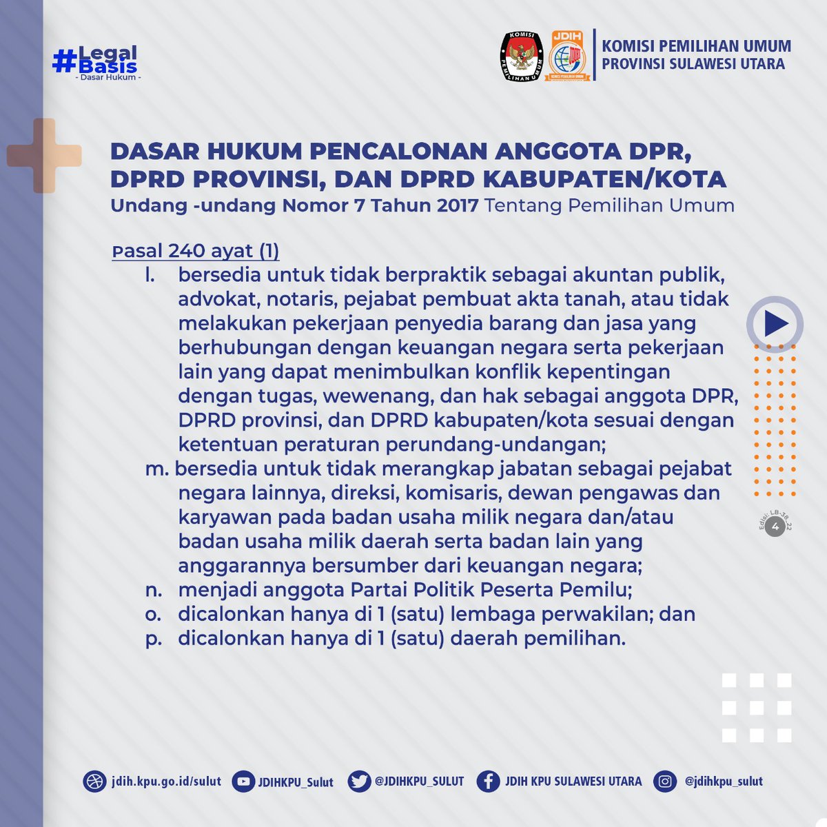 JDIHKPU_SULUT's tweet photo. #SobatJDIH
Selamat Sore Sobat JDIH KPU 🤩🙏🏻
 Yuk cari tau kapan Jadwal Pencalonan Anggota DPR, DPRD Provinsi dan DPRD Kabupaten/Kota ? #legalbasis seri 38 akan mengulas tentang Tahapan dan Jadwal Pencalonan Anggota DPR, DPRD Provinsi dan DPRD . Yuk Simak grafis berikut ini https://t.co/aPuYRx7121