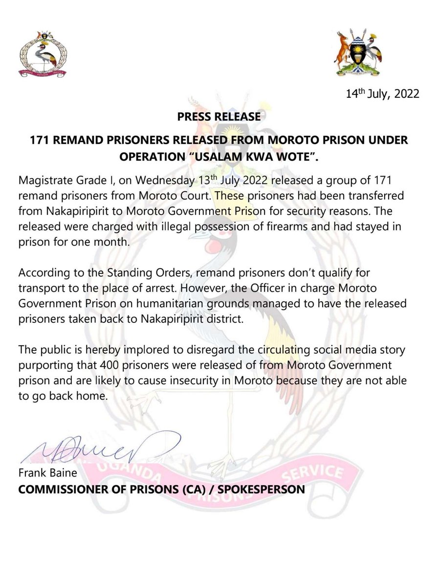 UgandaPrisons's tweet photo. Press release

Treat this as important https://t.co/iDRpBAbeV2