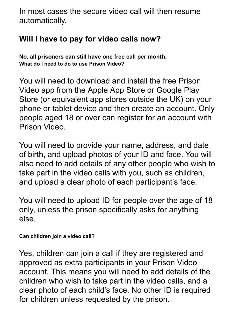 Information continued reference the Prison Video Call Service