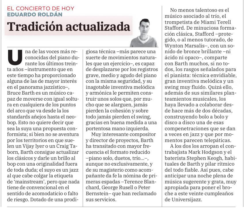 enfaserem's tweet photo. "Tradición actualizada". Mi previo, en @nortecastilla, sobre el concierto del cuarteto de #BruceBarth que esta noche (21:30, Patio de la Hospedería de San Benito) cierra la vigésima edición de #Universijazz:
https://t.co/3iFM2vot29
#música #jazz #Valladolid @centrobuendia https://t.co/3Eo5nT3NMR