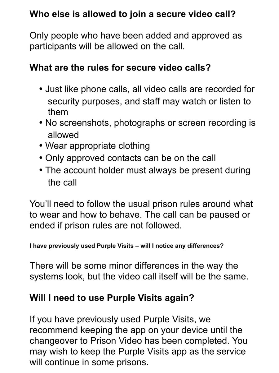 Frequently Asked Questions reference the Prison Video Call Service