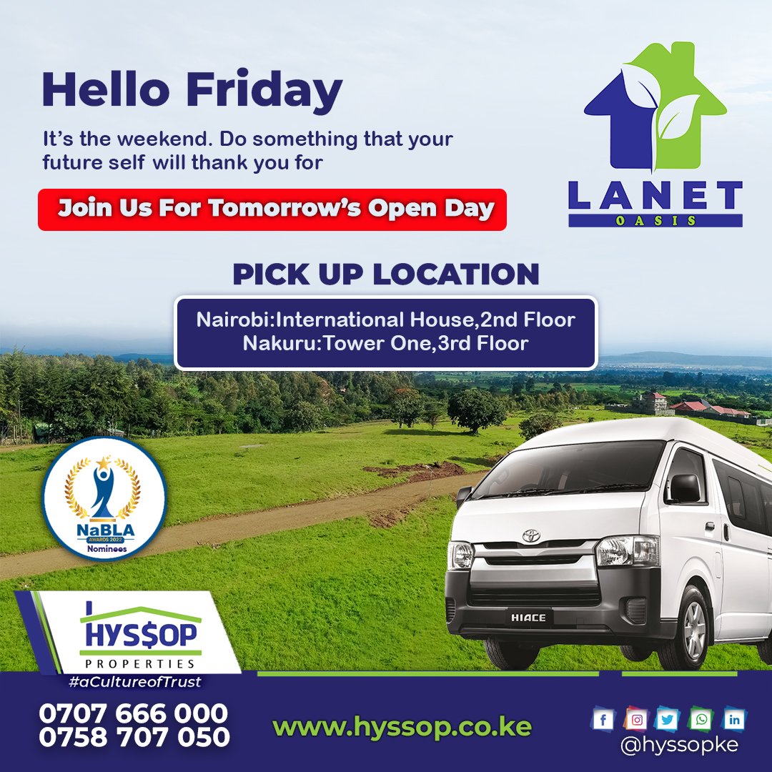 Don't miss out on the #opportunity to make your #weekend count😎 by joining us for our open day tomorrow at  #LanetOasis Nakuru and book yourself an 1/8 acre plot with essential amenities and say goodbye to the #rentburden 
For Bookings Call 0707 666 000 / 0758 707 050