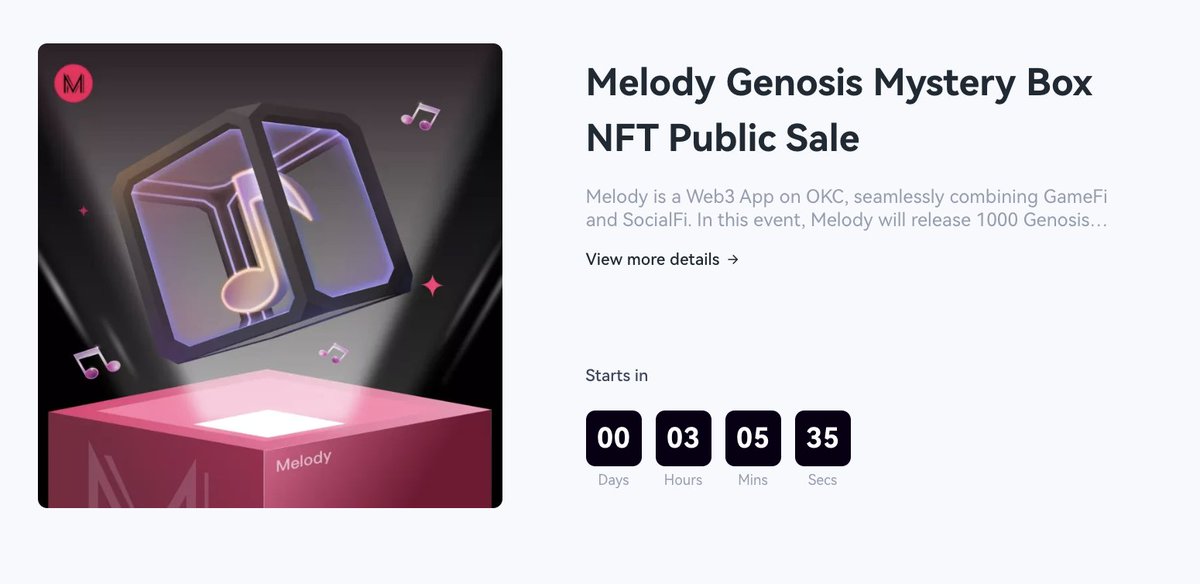 📢<a href="/Melody_SGS/">Melody —$ACT ( coming soon）</a> Genesis Mystery Box #NFT Public Sale will start at 20:00, 15 July(HKT). Don't miss it.

📌Mint Price: 25 #OKT
✅Quantity: 1000

👉#Melody is a #Web3 App on <a href="/OKCNetwork/">OKT Chain ⚛🕸</a>, seamlessly combining #GameFi and #SocialFi. 
okx.com/web3/nft/prima…