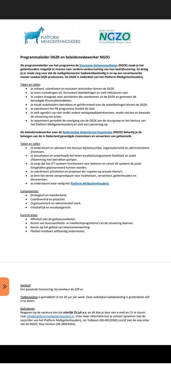 Wij hebben een leuke vacature voor een beleidsmedewerk(st)er bij NGZO en Platform Melkgeitenhouderij.