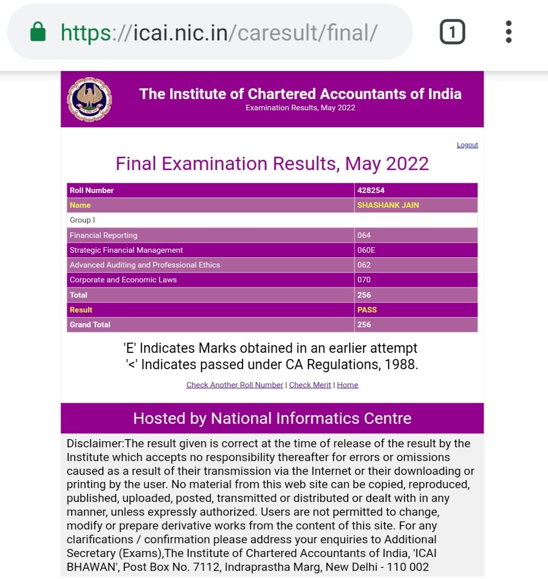ca_shashank_j's tweet photo. CA final group 1☑️.   
#icairesults https://t.co/x6otg40meh