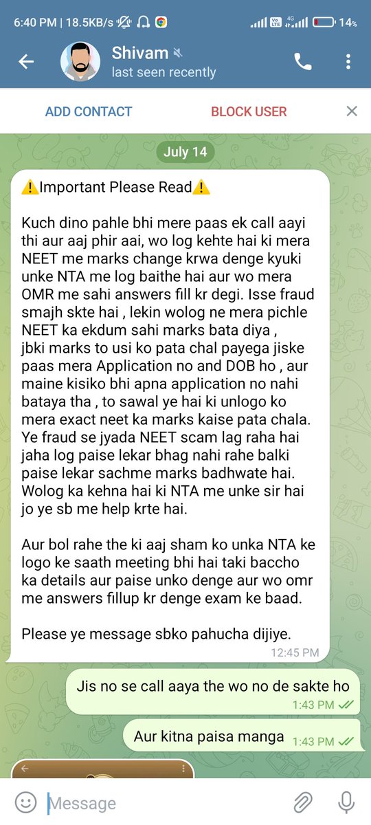 gaurav5pandey's tweet photo. #NEETUG परीक्षा के नाम पर जालसाज ठगी कर रहे हैं। ये उसके मैसेज का कुछ स्क्रीन शॉट एक स्टूडेंट ने मुझे DM किया है। ओएमआर शीट, एडमिशन को लेकर पैसे मांग रहा है। 

 @vishwanathafmc की अपील है इसके खिलाफ ऐक्शन लिया जाए। @DG_NTA देखिए सिस्टम कितना खोखला है। कुछ लोग नीट का डाटा बेच रहे। https://t.co/27bZcxz0UY