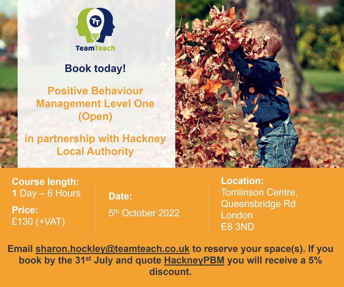 Hackney Services for Schools (@hackneysuccess) on Twitter photo 🚨Sign up for a positive behaviour management course with <a href="/TeamTeachLtd/">Team Teach</a> by 31 July for a 5% discount!
📢 Quote 'HackneyPBM'
✔️ Improve teacher/student confidence
✔️ Reduce exclusions
✔️ Optimise class engagement
🗓️ 5 Oct
📍 <a href="/TomlinsonCentre/">The Tomlinson Centre</a>
💻 sharon.hockley@teamteach.co.uk 🚨Sign up for a positive behaviour management course with <a href="/TeamTeachLtd/">Team Teach</a> by 31 July for a 5% discount!
📢 Quote 'HackneyPBM'
✔️ Improve teacher/student confidence
✔️ Reduce exclusions
✔️ Optimise class engagement
🗓️ 5 Oct
📍 <a href="/TomlinsonCentre/">The Tomlinson Centre</a>
💻 sharon.hockley@teamteach.co.uk