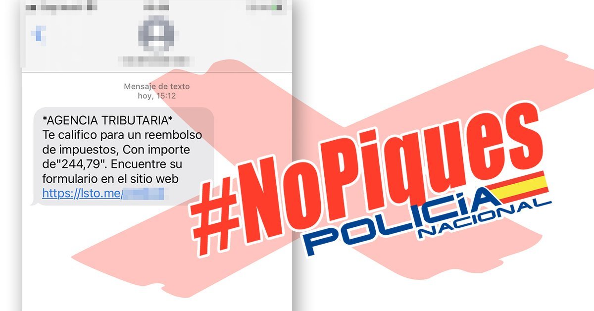 ⚠ ALERTA 

Si te llega un #SMS supuestamente de la Agencia Tributaria para una calificación de reembolso de impuesto con un importe de 244,79€ ➡ 🙏 

#Calma, no te precipites, es FALSO

Ignora y elimina🗑

#NoPiques
#Phising