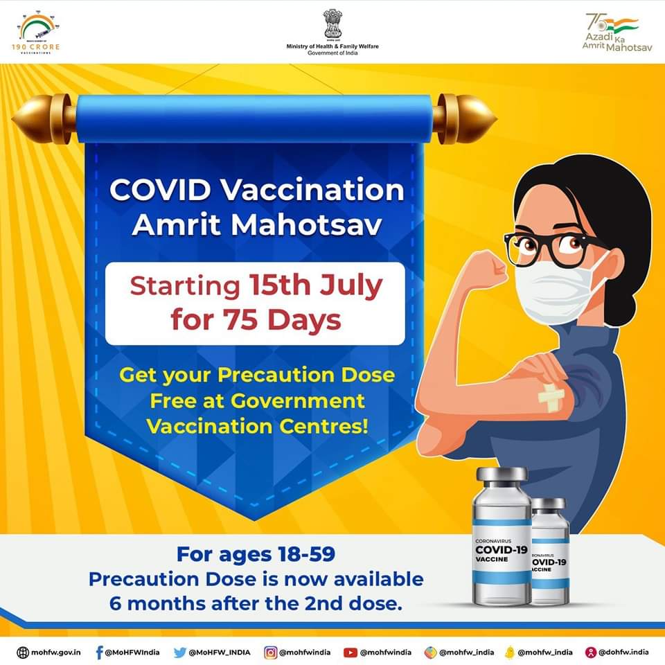 Covid Vaccination Amrit Mahotsav started throughout the country. Get your precautionary dose free at Government Vaccination Centres from 18-59 years of Age group.

<a href="/OfficeOfLGJandK/">Office of LG J&K</a> <a href="/diprjk/">Information & PR, J&K</a> 
<a href="/HealthMedicalE1/">Health & Medical Education Department J&K</a> @DivisionalComm1 
<a href="/NHMJK5/">NHM, J&K</a> <a href="/DHSKashmir/">Health Department Kashmir</a> 
<a href="/srinagaradmin/">Srinagar district administration</a> <a href="/principalgmcsgr/">GMC Srinagar</a>