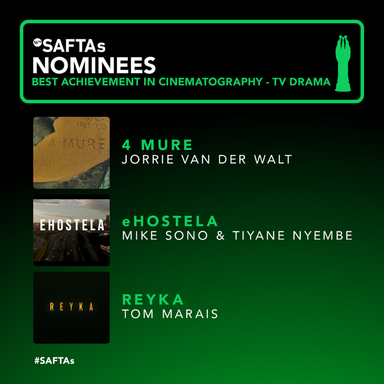 SAFTAs_1's tweet photo. Each category unwraps the best in the game! The Best Cinematography in TV Drama is nothing short of this excellence. Here are the #nominees… 

#4Mure - @camarchemedia  

#eHostela  - #BlackBrainPictures @OfficialMandlaN 

#Reyka - @Quizzical_P 

#SAFTAs16 🙌 https://t.co/CdtXvZAVyV