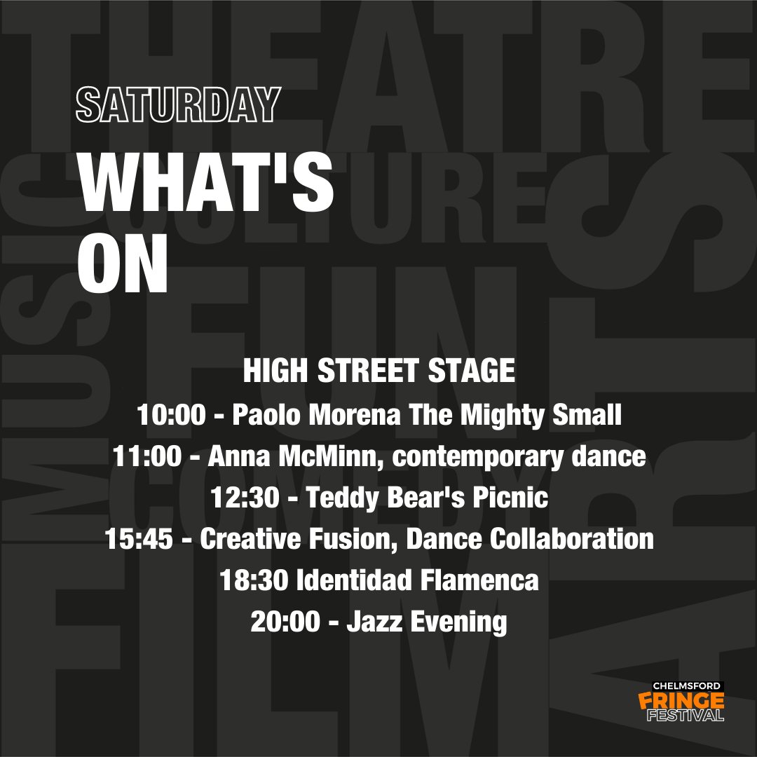 Make sure you don't miss out on a whole host of great acts on the High Street tomorrow - we've got a packed programme! #Chelmsford #FringeFestival #Essex