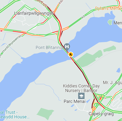 **Update 10:06** #A55 Britannia Bridge remains closed in both directions. HGV's are unable to divert via #A5 Menai suspension bridge due to current 7.5T restrictions. Congestion building in the area.