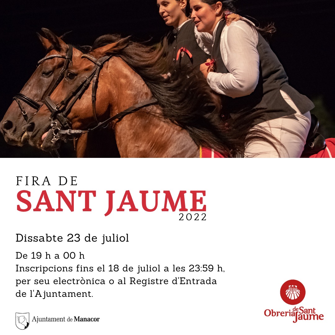 🌙 Recordau que el proper dilluns 18 de juliol acaba el termini per a inscriure's per participar de la Fira Nocturna de Sant Jaume 2022.
 
🌙 Inscripcions per seu electrònica cutt.ly/gLIqsjt o al Registre d'Entrada de l'<a href="/ajManacor/">Ajuntament de Manacor</a> 
.
.
.
#SantJaumeManacor
#FeimPoble