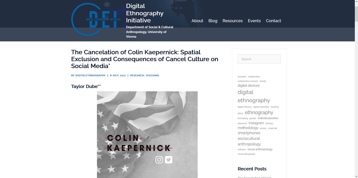 DEIVienna's tweet photo. in our most recent blog post, Taylor Dube - CREOLE student @univienna - explores the #cancelation of Colin #Kaepernick in #socialmedia:
https://t.co/BjJnQj0x3e
#digitalethnography #anthropology #cancelculture #spatialexclusion https://t.co/8GrPBdTzxh