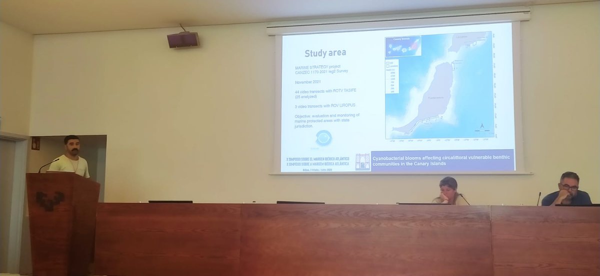 En el X Simposio sobre el Margen Ibérico Atlántico #MIA2022 (Bilbao)🌊el compañero Marcos González-Porto👨‍🔬mostró los resultados de las investigaciones de su grupo bajo el título 'Cyanobacterial blooms affecting circalittoral vulnerable benthic communities in the Canary Islands'📈