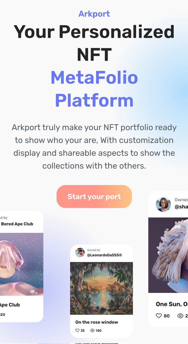 ArkPortNFT's tweet photo. Today, we are proud to launch our Beta version to the public.
Come onboarding with us.
https://t.co/10bZjEjwoq
#arkport #nft #web3 #portfolio #metafolio https://t.co/GJ84AVQill