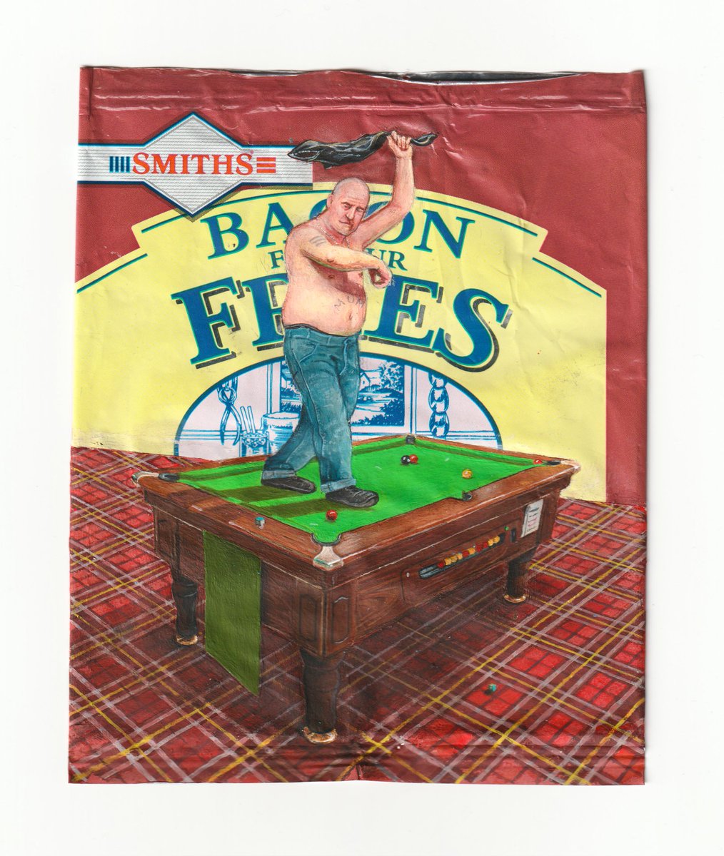 New painting!
'Piggy Bastard' 2022.
Acrylic on Bacon Fries crisp packet.
W12 X H13.4cm 

Bacon's Fries a staple snack for me and my brother's back in the day in working mens

@sheffmuseums
<a href="/NPGLondon/">National Portrait Gallery</a>

#newartworks #baconfries #workingmensclub #sheffield #art #artist