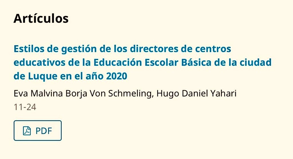 EEsp01's tweet photo. 3. Título:
Estilos de gestión de los directores de centros educativos de la Educación Escolar Básica de la ciudad de Luque en el año 2020
Autores/as:
@Evaborja
@DannyYahary
Universidad Autónoma de Madrid.
Becario #Beca 10 convocatoria autogestionada.
DOI:https://t.co/5t56gBNZMg https://t.co/tRjJ8OIkep