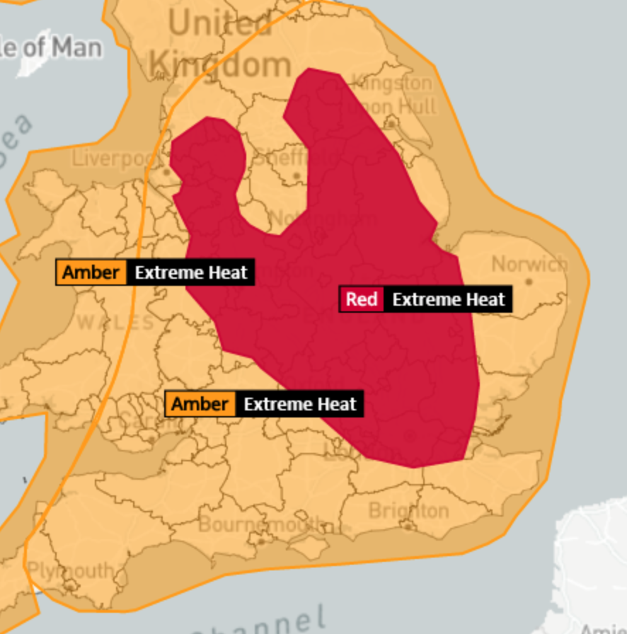 ⚠️ RARE RED EXTREME HEAT WARNING ⚠️ Life threatening extreme temperatures ⌛️ Valid Monday and Tuesday 🌡 Extremely high temperatures 🌡 Very hot days 🌡 Uncomfortable nights 🌡 Record breaking heat 🚑 Population-wide adverse health effects likely 🚨 TAKE CARE! 🚨 @itvnews
