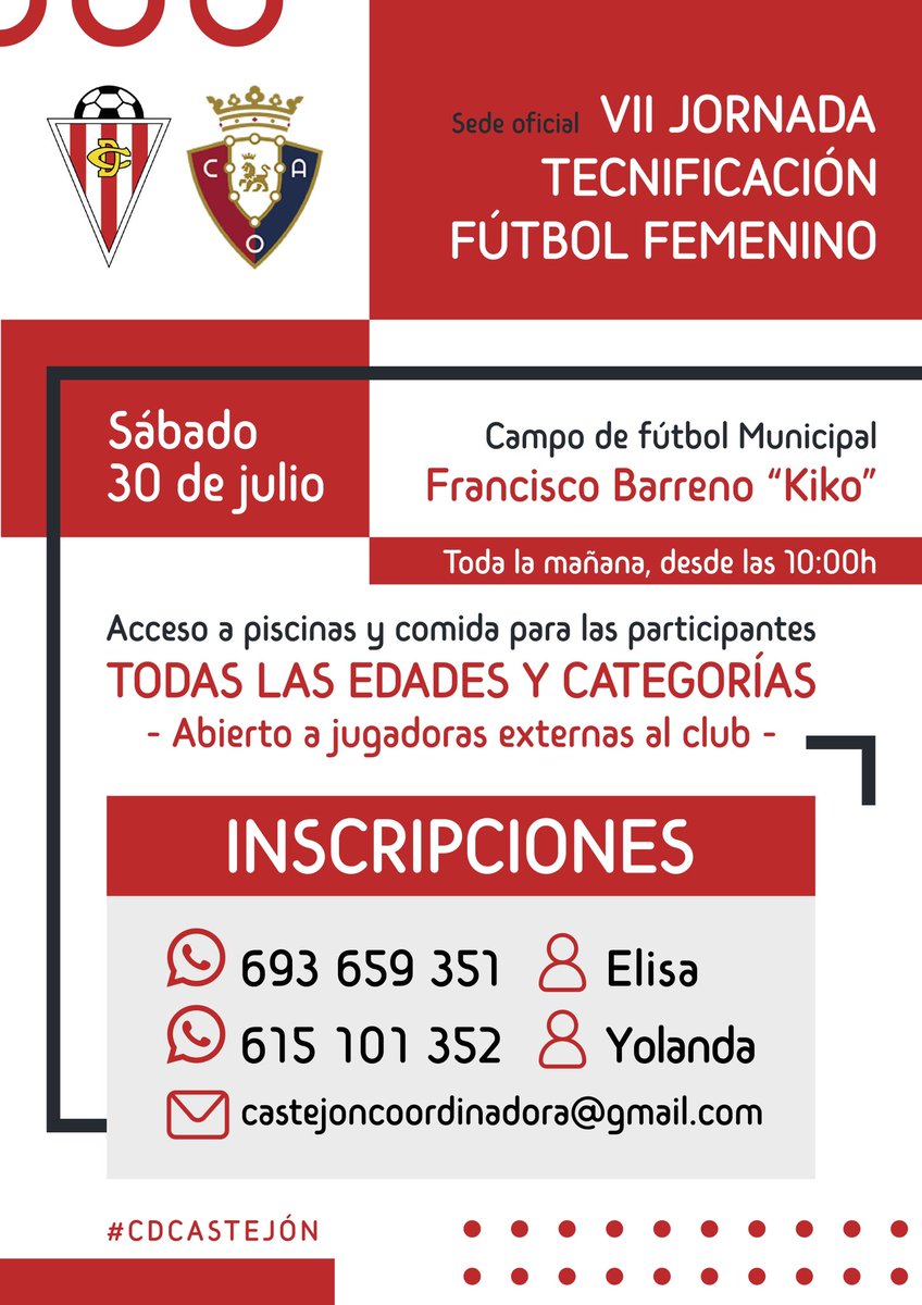 ⚽️ VII JORNADA DE TECNIFICACIÓN ⚽️

¡Disfruta de una bonita mañana de fútbol con nosotras!

Somos Sede Tecnificación Femenina de <a href="/CAOsasuna/">CAOsasuna</a>

🏟 Campo municipal Francisco Barreno “Kiko”

📆 Sábado 30 de julio desde las 10:00h

📝 Hemos abierto el plazo de inscripción, te esperamos