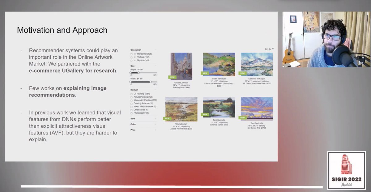 QuareWorkshop's tweet photo. @denisparra  joining us from Chile to talk about their work on #visual #recommendations #explanations. Thanks for being with us at such early hours for you, Denis! #SIGIR2022 #xAI @SIGIRConf https://t.co/D3k91ku9vF