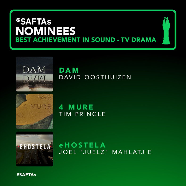 SAFTAs_1's tweet photo. Amp up the drama! Unpacking your nominees for the Best Sound: TV Drama category…

#Dam - Picture Tree
#4Mure - @camarchemedia 
#eHostela - #BlackBrainPictures @OfficialMandlaN 

Congratulations to everyone, you’ve earned it! #SAFTAs16 https://t.co/f194LNlyjw