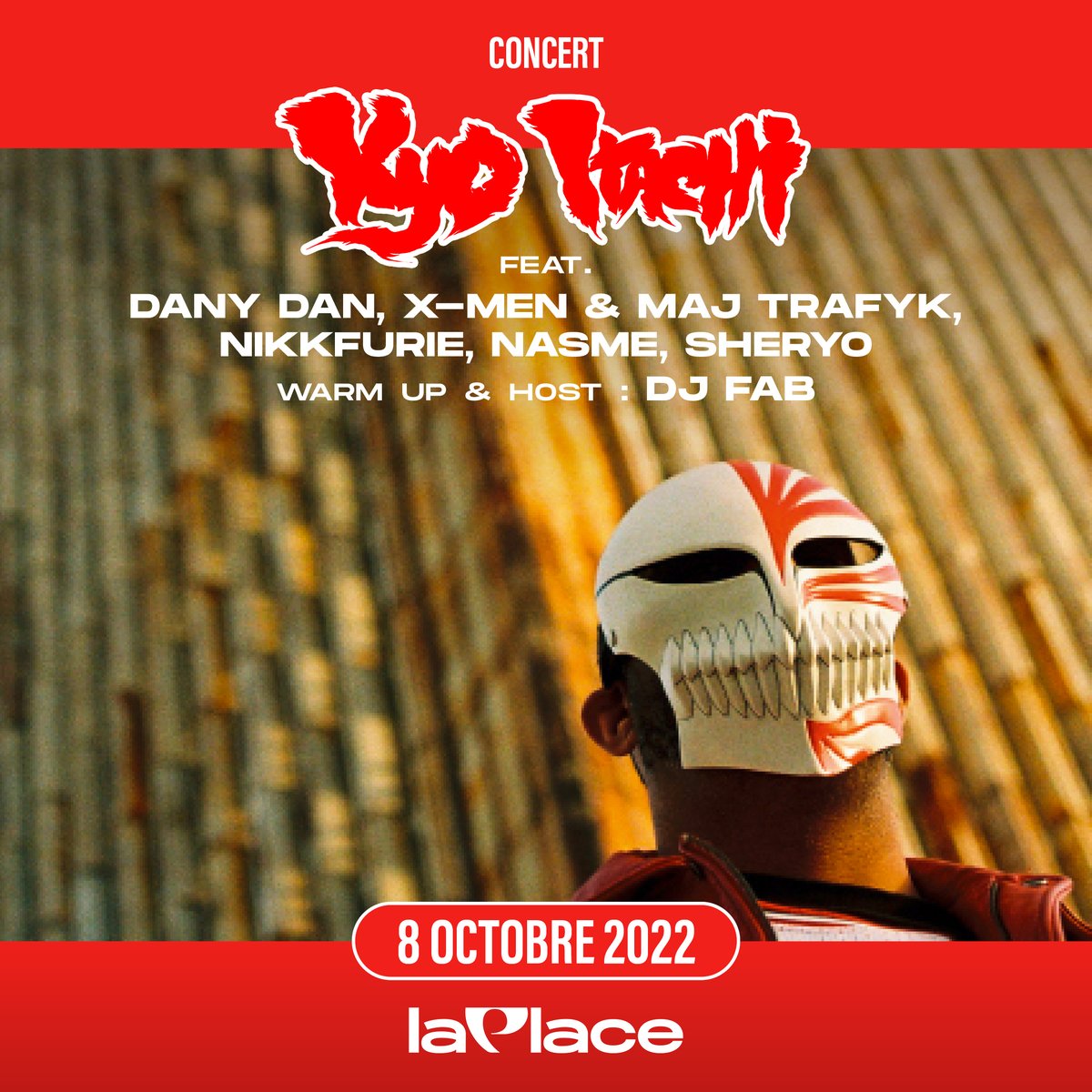 [Concert] En octobre, <a href="/kyoitachi/">Kyo Itachi</a> débarque à La Place pour un gros concert et avec un gros line-up !

A ses côtés, on retrouvera <a href="/DJFABHHR/">DJFAB (Undergroundexplorerradioshow)</a>, <a href="/LeDanyDan/">Daniel Lakoué</a>, <a href="/LesXmen/">Les X aka XMEN</a> (<a href="/hillg_xmen/">Hill.G (ou ILL) X.MEN</a> <a href="/cassidyxmen/">CASSIDYNERO</a>), <a href="/majtrafyk/">Maj Trafyk</a>, <a href="/Nikkfurie/">Nikkfurie</a>, <a href="/Nasme75018/">Nasme</a>, <a href="/realsheryo/">sheryo</a> ...

🎟️ link.dice.fm/laplace/kyo-it…