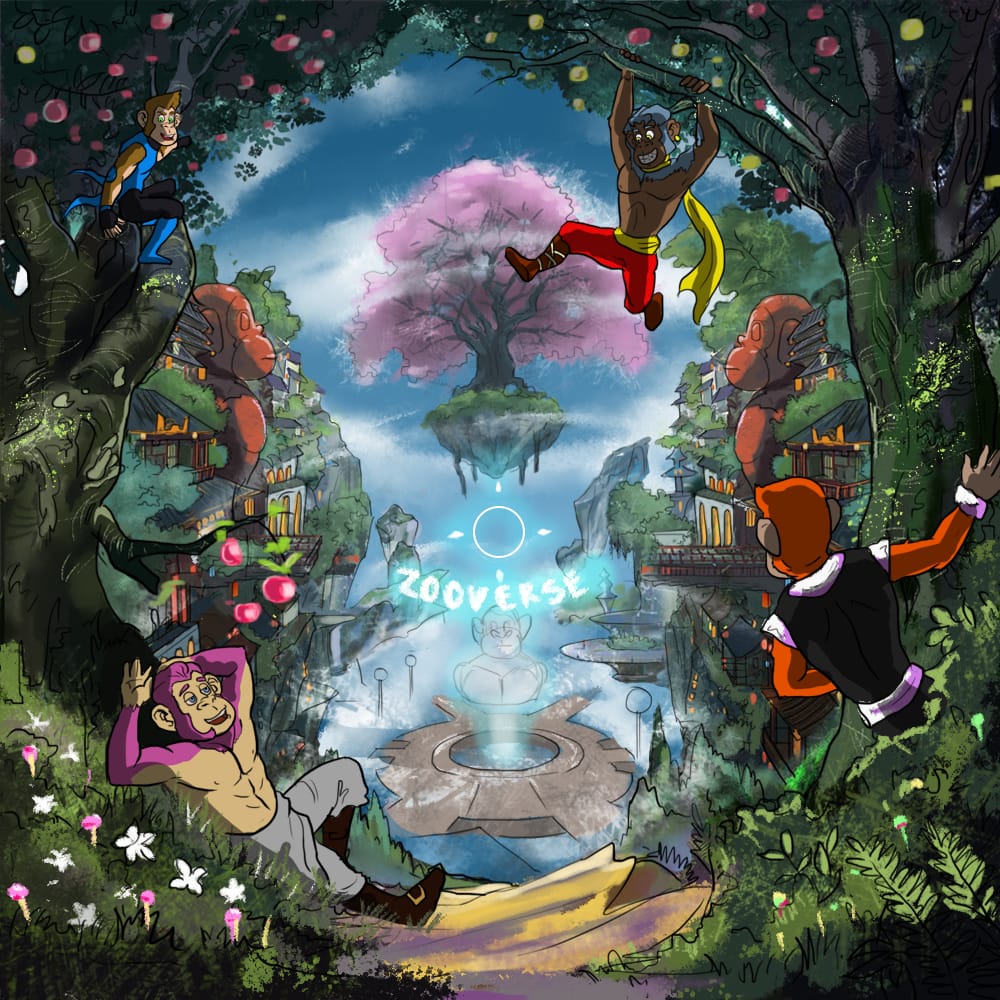 Chimps enjoy eating fruit right off the tree!! What an amazing view!🌈🌳 We love watching chimps enjoy an abundant fruit harvest, free and playful in the virtual world of metaverse!!🐒🦍<a href="/activechimps/">Active Chimps</a>
#NFTs #NFTCommmunity #ETH #NFTProject #MyZooverse 🍊🍌🍉🥭