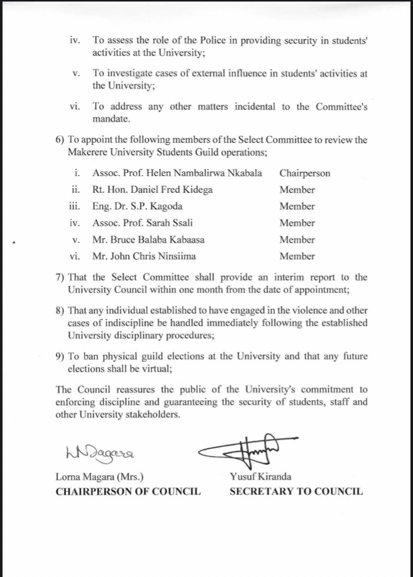Following yesterday’s unfortunate violent occurrences, The University Council held an emergency meeting this morning in the Rotary Peace Center at the Frank Kalimuzo CTF and has passed a number of resolutions. 

Refer to the document below for details 👇🏾;