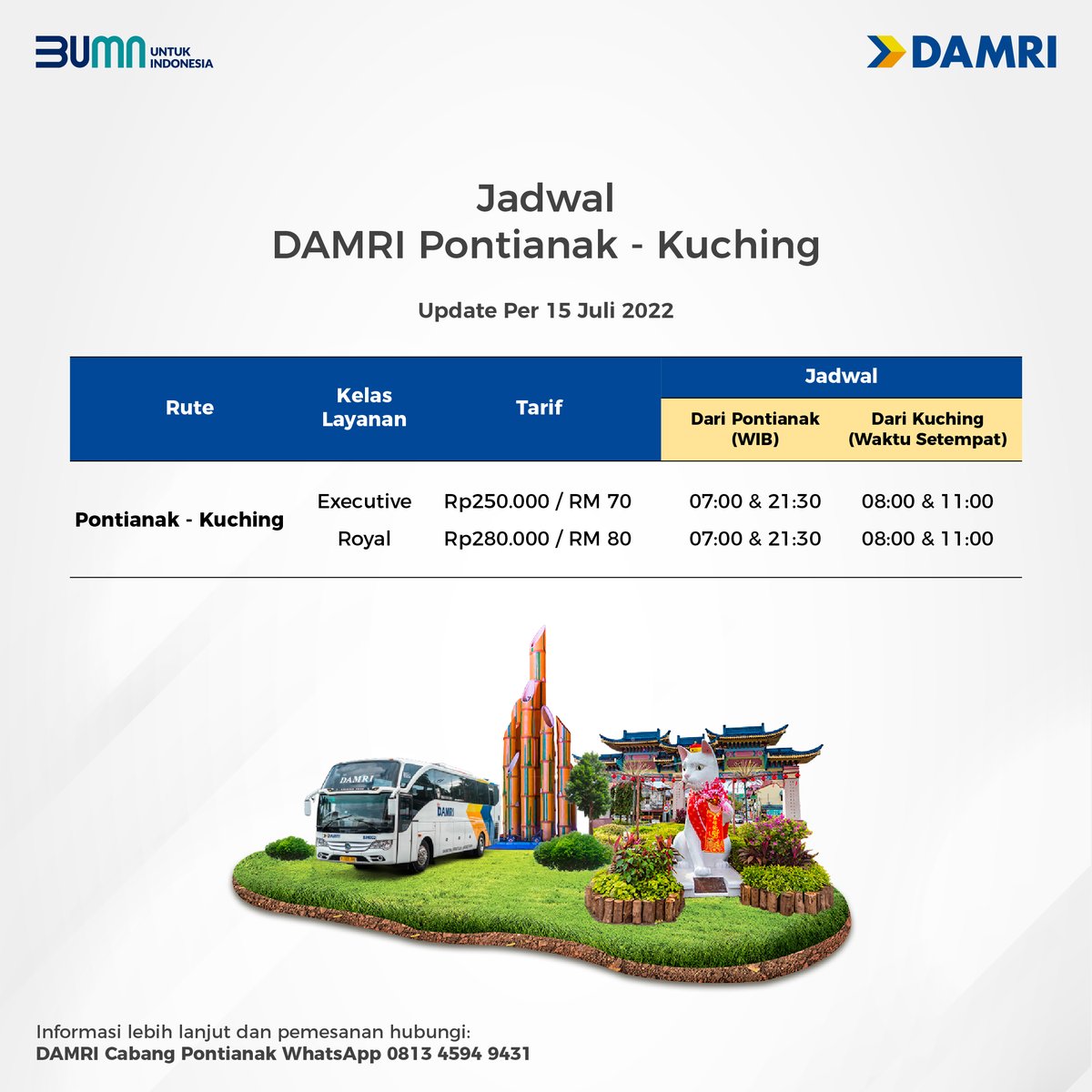 DamriIndonesia's tweet photo. Kabar gembira buat Sobat DAMRI!

Rute Pontianak - Kuching kembali dibuka mulai 15 Juli 2022. Buat Sobat yang kepengin coba jalan-jalan ke luar negeri lewat jalan darat

Ada yang nungguin rute ini dibuka lagi? Coba reply pakai emoticon 🙋‍♂️🙋‍♀️ 

#Pontianak #Kuching #DAMRI #ALBN https://t.co/7TKmCDDj3O