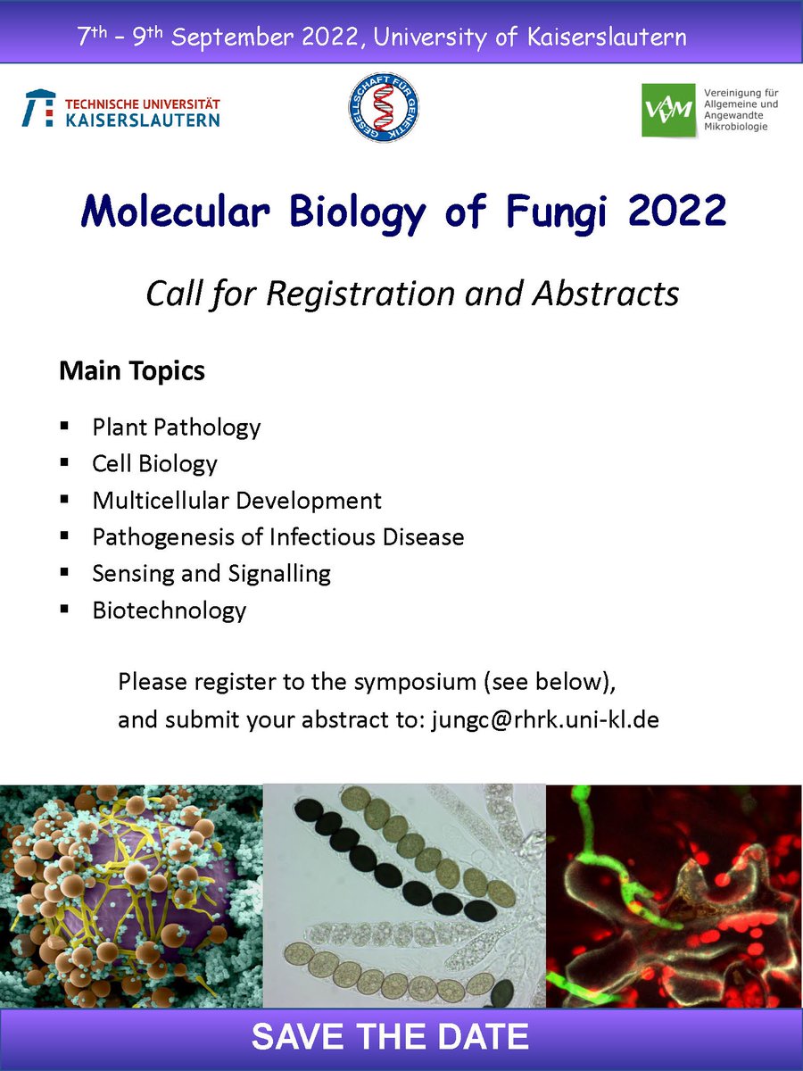 Reminder for upcoming "Molecular Biology of Fungi“ conference on 7.-9.9.2022. 
Registration and abstract submission deadline: 24th of July 2022. 
Please check shop.procampus.de/de/ for registration options.
Further info under bio.uni-kl.de/phytopathologi…