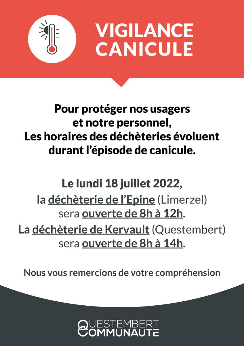 #canicule2022  | Aménagement des horaires des #déchèteries le 𝗹𝘂𝗻𝗱𝗶 𝟭𝟴 𝗷𝘂𝗶𝗹𝗹𝗲𝘁 𝟮𝟬𝟮𝟮 
🔸La déchèterie de l’Epine #Limerzel sera ouverte de 8h à 12h.
🔸La déchèterie de Kervault #Questembert sera ouverte de 8h à 14h.
👉 Infos : qc.bzh/canicule-horai…